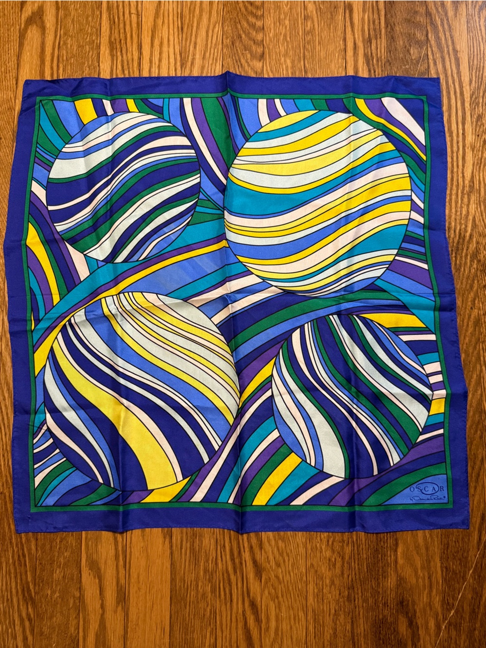 Oscar de la Renta Vintage Silk Scarf-1970's Op Art Swirl Blue Green Yellow EUC